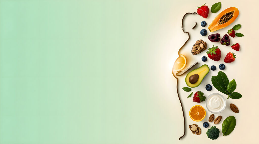 pregnancy immunity banner with one line mother outline and fresh healthy foods